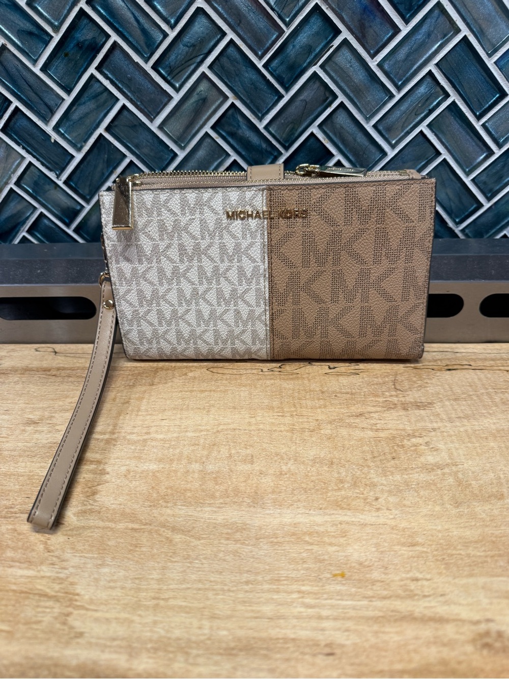 Michael Kors Two-Tone Beige and Tan Wristlet